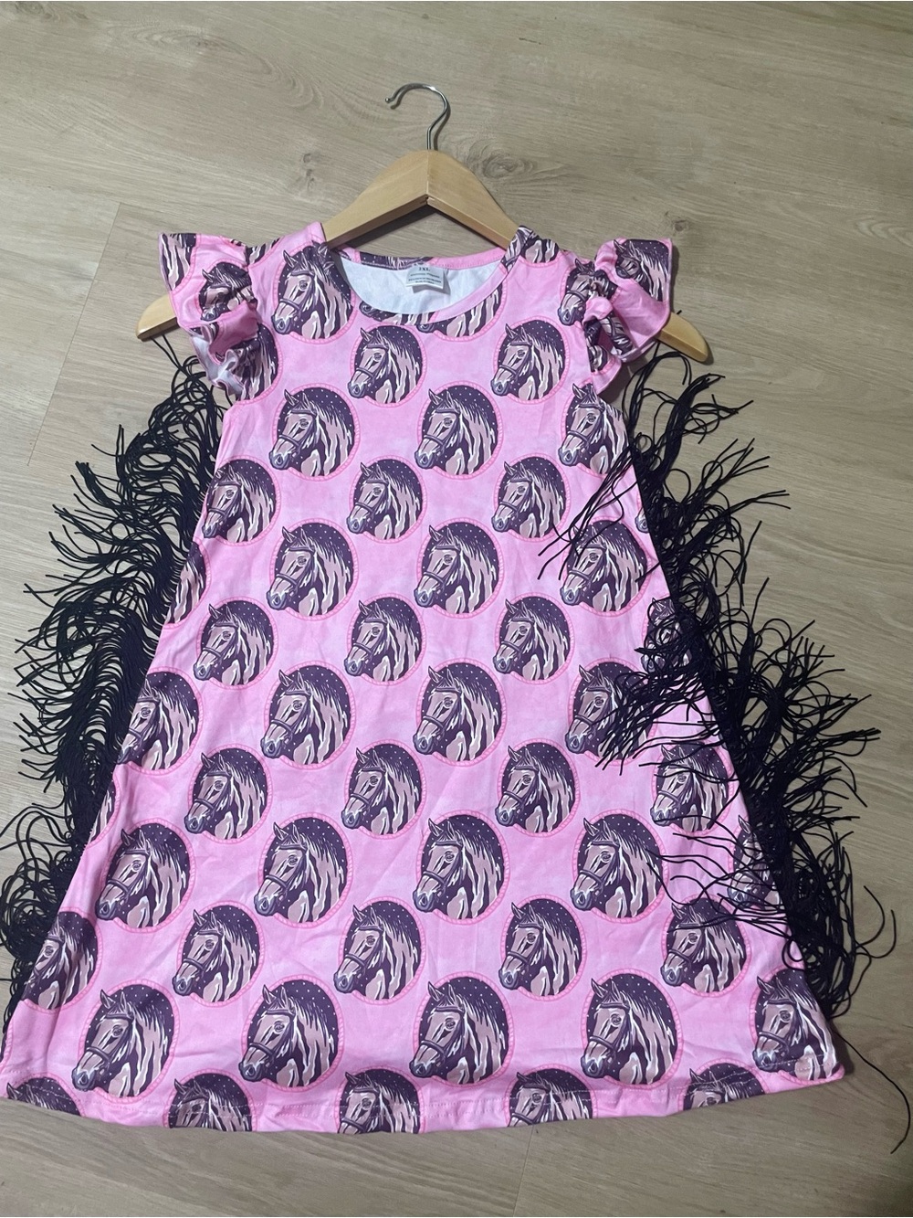 Pink Horse Print Ruffle Sleeve Dress